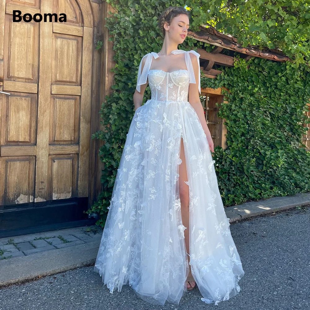 Top Trends: Booma Butterfly Lace Boho Wedding Dresses Sweetheart Bow Straps High Slit A-Line Bridal Gowns Dotted Tulle Long Bride Dresses Shoppable Styles