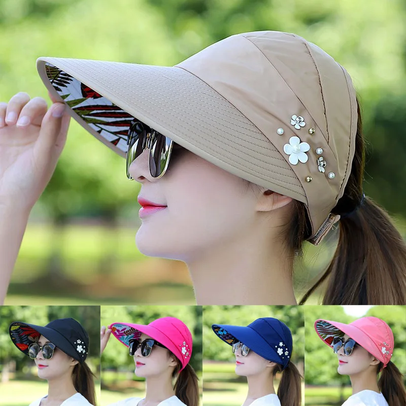 Top Trends: Summer Beach Hats For Women Foldable Sun Hat Pearl Flower Visor Suncreen Floppy Cap Female Outdoor Casual Baseball Cap Hat Shoppable Styles