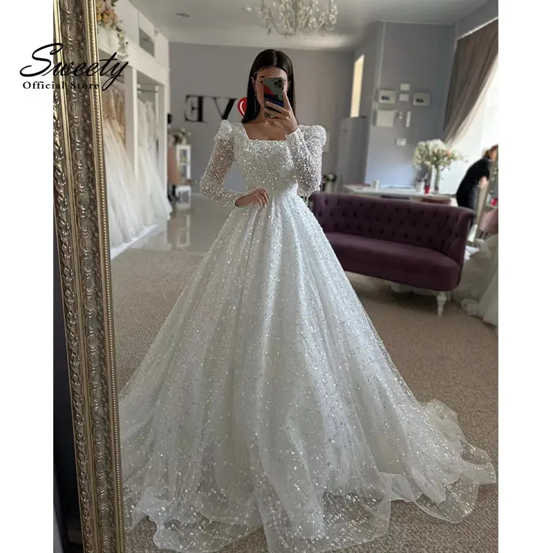 Top Trends: Luxurious Wedding Gowns With Beading Princess A-line Ball Gown Square Collar Full Sleeve Bride Dress Prom Dresses Robe De Marie Shoppable Styles