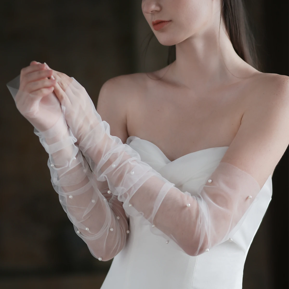 Top Trends: WG052 Exquisite Wedding Fingerless White / Black Gloves Long Tulle Pearls Brides Bridesmaid Sleevelet Women Marriage Accessories Shoppable Styles