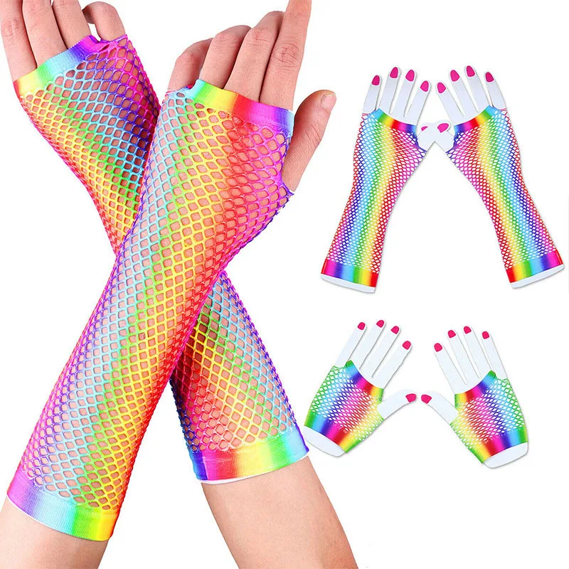 Top Trends: 1pair Rainbow Color Ladies Sexy Mesh Net Fishnet Gloves Women Hollow Out Holes Fingerless Gloves Lady Disco Dance Costume Mitten Shoppable Styles