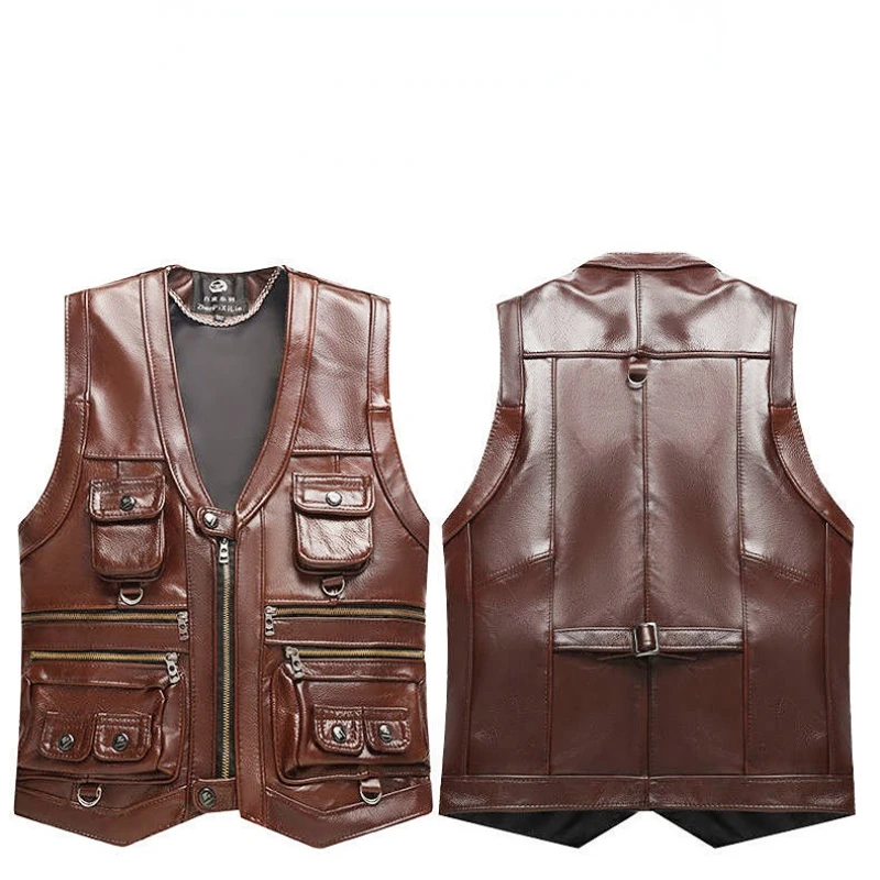 Top Trends: Men's Genuine Leather Vest Keep Warm In Autumn And Winter Top Layer Cowhide Spring And Autumn Multiple Pockets Photography Shoppable Styles - Image 3