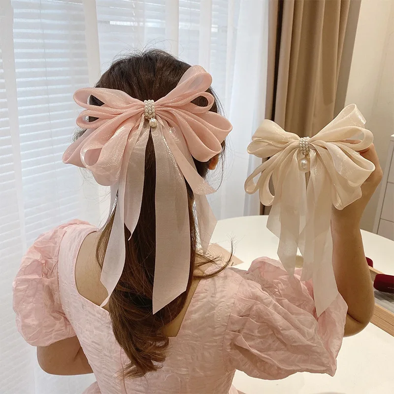 Top Trends: Summer New Pearl Pendant Big Organza Bow Hair Clip Fashion Hair Accessory Women&#039;s Large Ribbon Bow Hairpin Head Back Top Clip Shoppable Styles