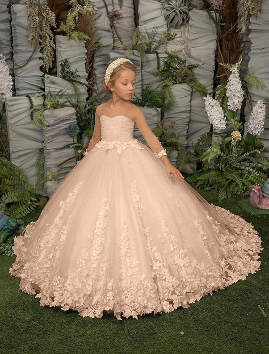 Top Trends: Champagne Flower Girl Dress Lace Appliques Long Sleeve For Wedding Birthday Ball Gown First Holy Communion Dresses Customize Shoppable Styles