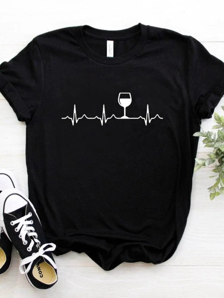 Top Trends: Wine Heartbeat Print T Shirt Women Short Sleeve O Neck Loose Tshirt Summer Women Causal Tee Shirt Tops Camisetas Mujer Shoppable Styles