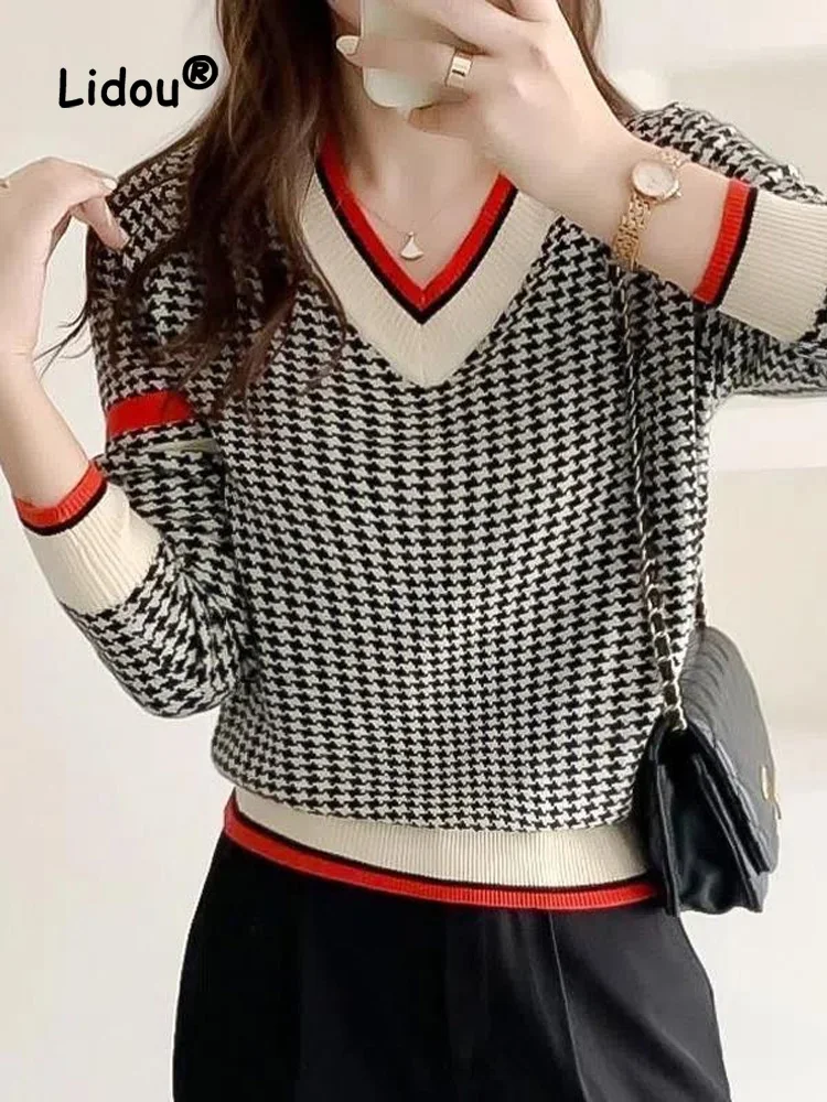 Top Trends: Fashion Color Contrast Sweaters New Long Sleeve Loose V-neck Autumn Winter All-match Knitting Bottoming Shirt Comfortable Top Shoppable Styles