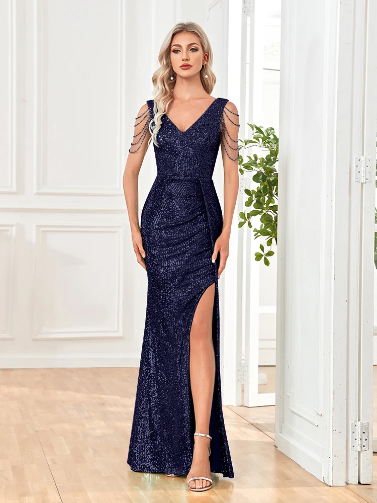 Top Trends: XUIBOL Women Elegant Sexy Deep V-Neck Sequins Evening Dress 2024 Luxury Formal Maxi Long Prom Blue Slit Beading Cocktail Dress Shoppable Styles