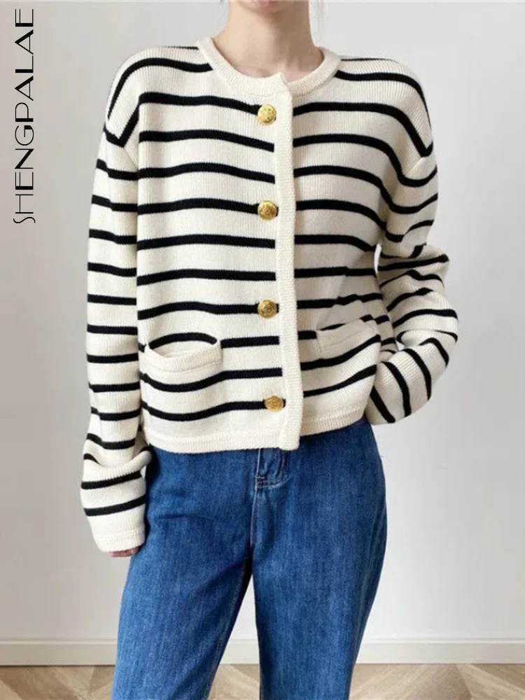 Top Trends: SHENGPALAE Striped Panelled Soft Elegant Cardigan Sweater Women's Vintage Cropped Sweet Girlish Popular Temper Y2k Clothes 5R315 Shoppable Styles