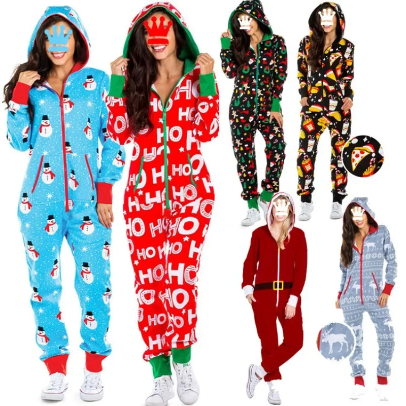 Top Trends: Christmas Printed Hooded Jumpsuit For Women 2023 Autumn Winter Couples New Striped Elk Zipper Pocket Pajamas Sleepwear Shoppable Styles