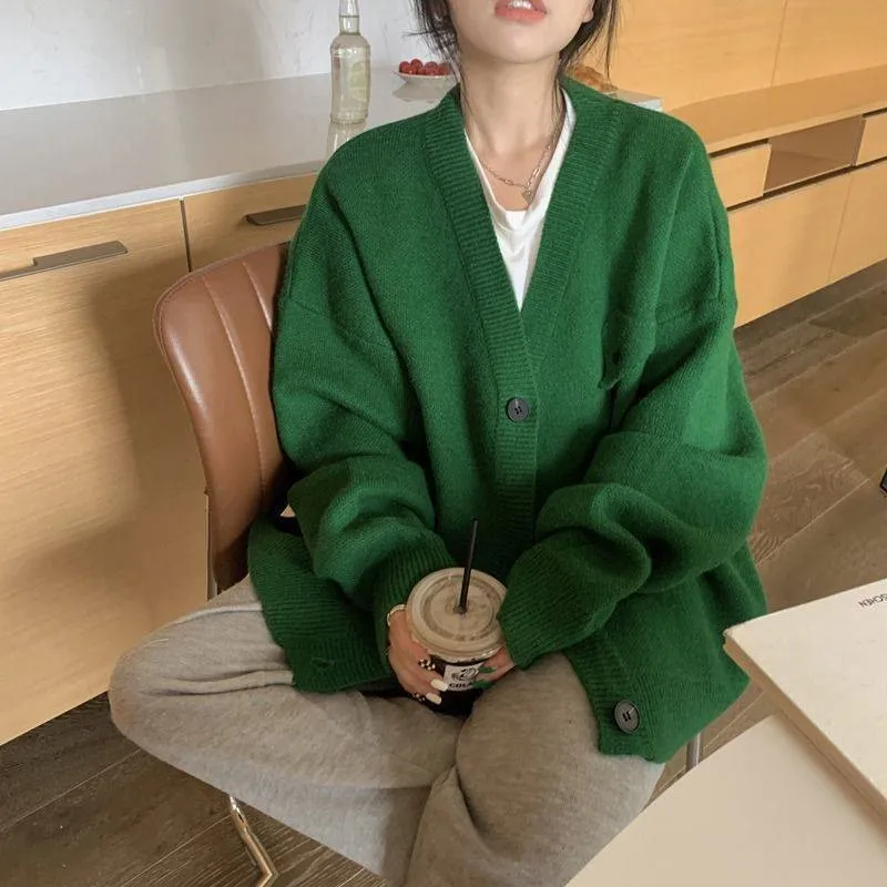 Top Trends: Casual Outerwear Winter Green Oversize Knitted Cardigan Women Korean Harajuku Sweater Hooded Jacket Fashion Zipper Long Sleeve Shoppable Styles