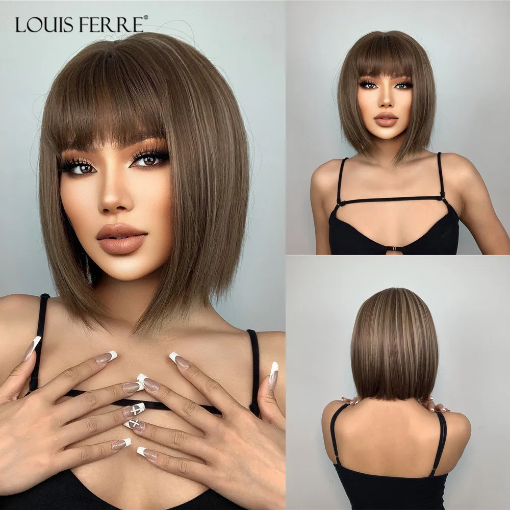 Top Trends: LOUIS FERRE Brown Highlight Short Straight Hair Wig Mixed Brown Bob Wigs With Bangs For Women Daily Party High Temperature Fiber Shoppable Styles