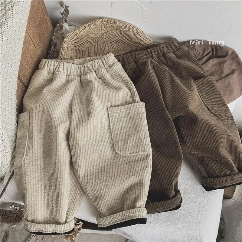 Top Trends: Winter Plush Warm Kids Pants 2023 Korea Style Children's Clothing Corduroy Plush Thick Warm Casual Pants For Boys Girls Shoppable Styles