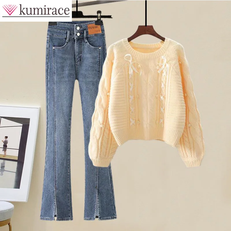 Top Trends: Winter Set Women&#039;s 2023 Korean Edition New Style Knitted Sweater Jeans Street Blast Two Piece Set Winter Clothes Women Pant Sets Shoppable Styles