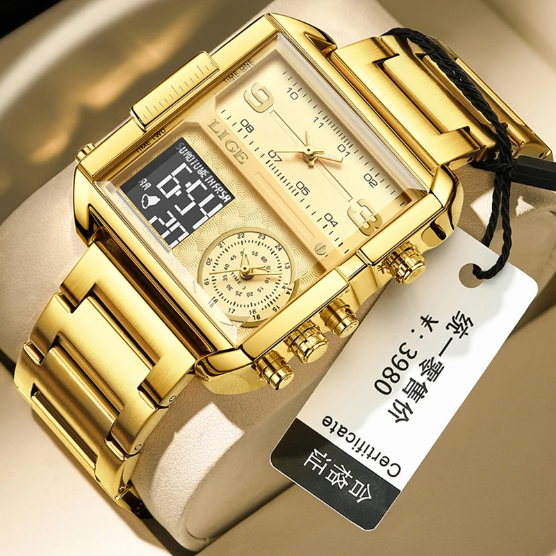 Top Trends: LIGE Luxury Original Men Sports Wrist Watch Gold Quartz Steel Waterproof Dual Display Clock Watches Relogio Masculino For Men Shoppable Styles