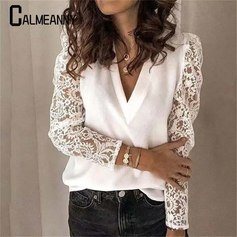 Top Trends: New Elegant Fashion Woman Shirt Vintage V Neck Women Tops Blouse Blouses Hollow Patchwork Lace Sleeve Tops Chic Women&#039;s Blouses Shoppable Styles