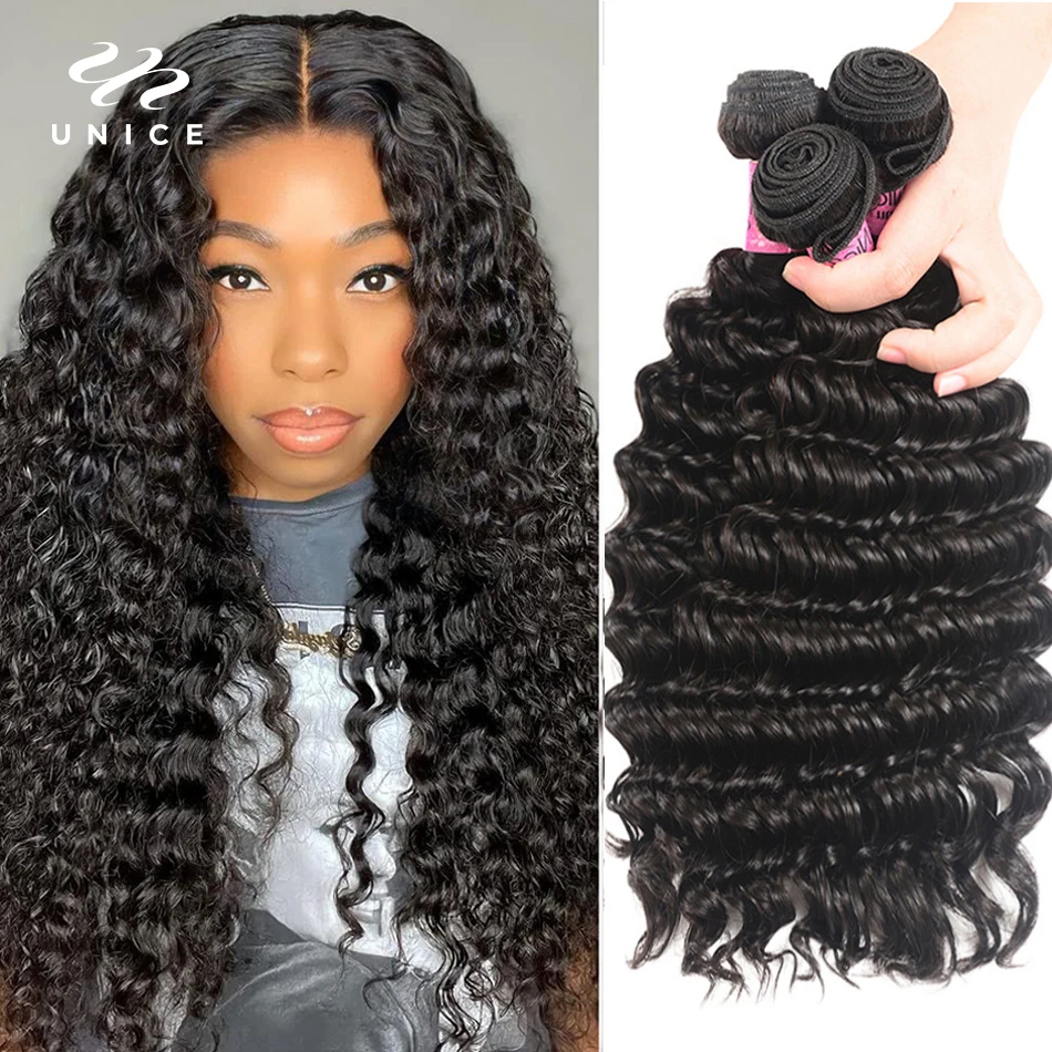 Top Trends: Unice Hair Deep Wave Brazilian Hair Weave Bundles 3 PCS Natural Color 100% Human Hair Weaving Remy Hair Extension 12-26 Inch Shoppable Styles