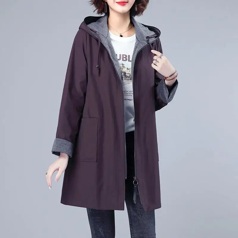 Top Trends: 2023 Spring And Autumn New Large Women's Trench Upscale Loose Office Lady Hooded Comfortable Long Sleeves Mid Length Female Coat Shoppable Styles