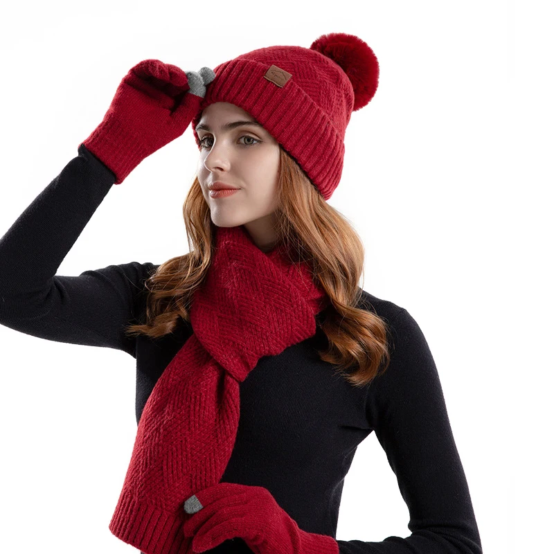 Top Trends: Women&#039;s Winter Keep Warm Set Fleece Lining Beanie Telefingers Gloves Thicken Scarf Christmas Knit Muffler Bobble Hat Wholesale Shoppable Styles