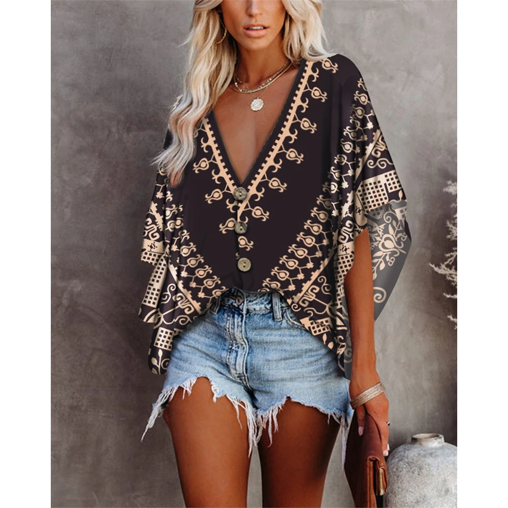 Top Trends: Summer Women Tribal Print V-Neck Button Front Batwing Sleeve Top Fashion Femme Casual Half Sleeve Blouses Oversized Outfits Shoppable Styles