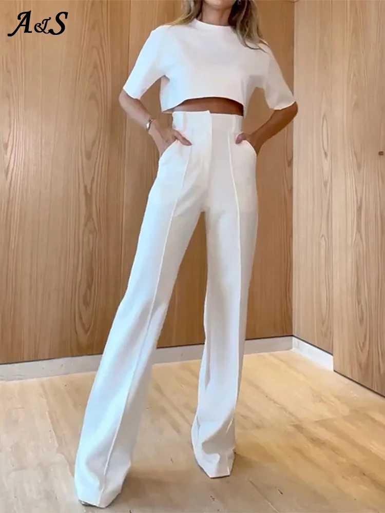 Top Trends: Summer White Women's Suit Fashion Round Neck Short Sleeve Crop Tops Straight Trousers Solid Color Two-Piece Set Ladies Tracksuit Shoppable Styles