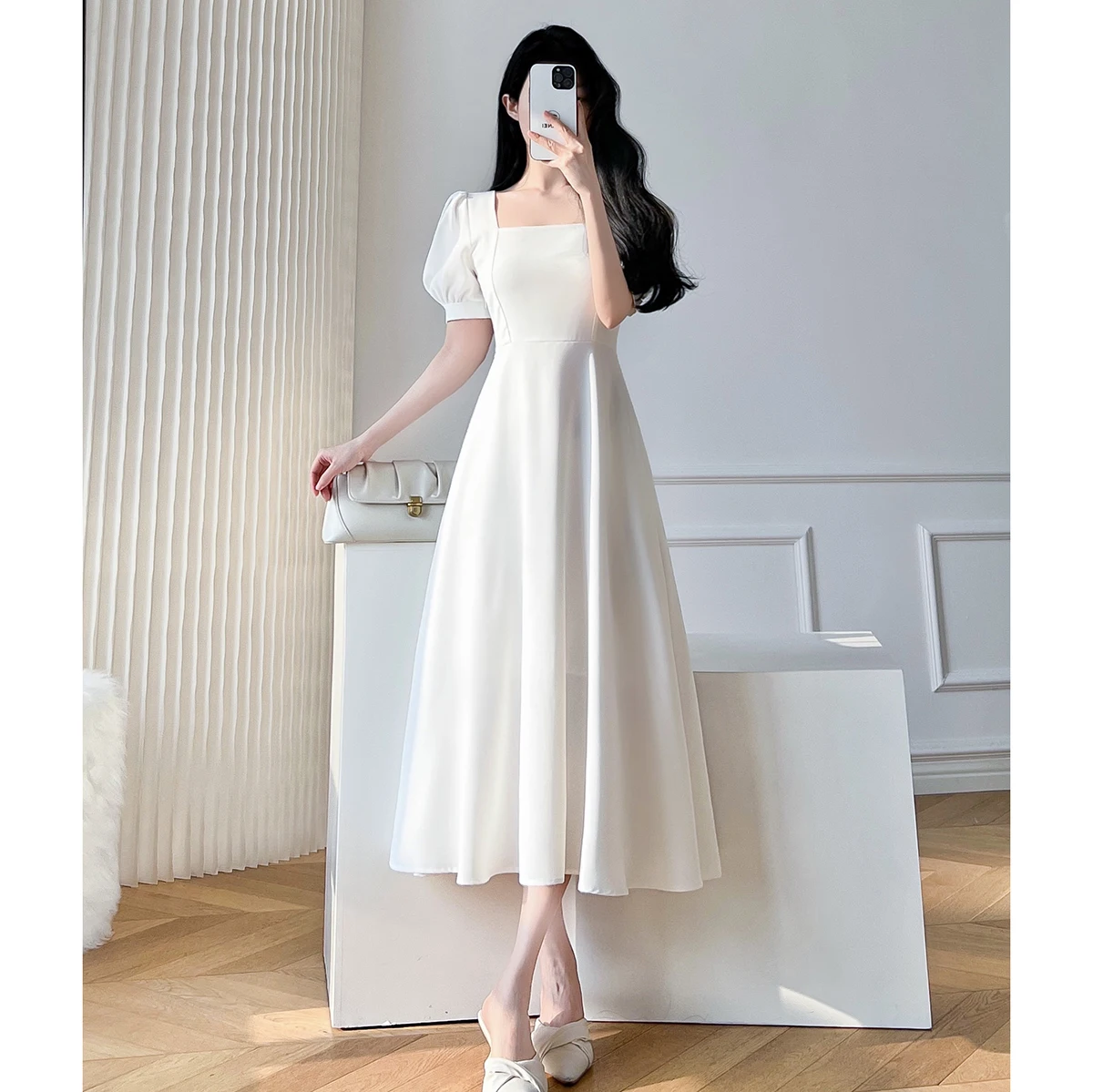 Top Trends: Vintage White Maxi Dresses For Women Party Prom Puff Sleeve Square Collar Temperament Bodycon Long Midi Dress Summer Clothing Shoppable Styles