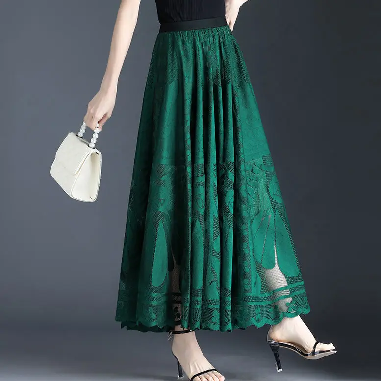 Top Trends: Hollow Pleated Skirt Women&#039;s New A-word Long Skirt Big Swing Gauze Lace Skirt Length 80cm Shoppable Styles