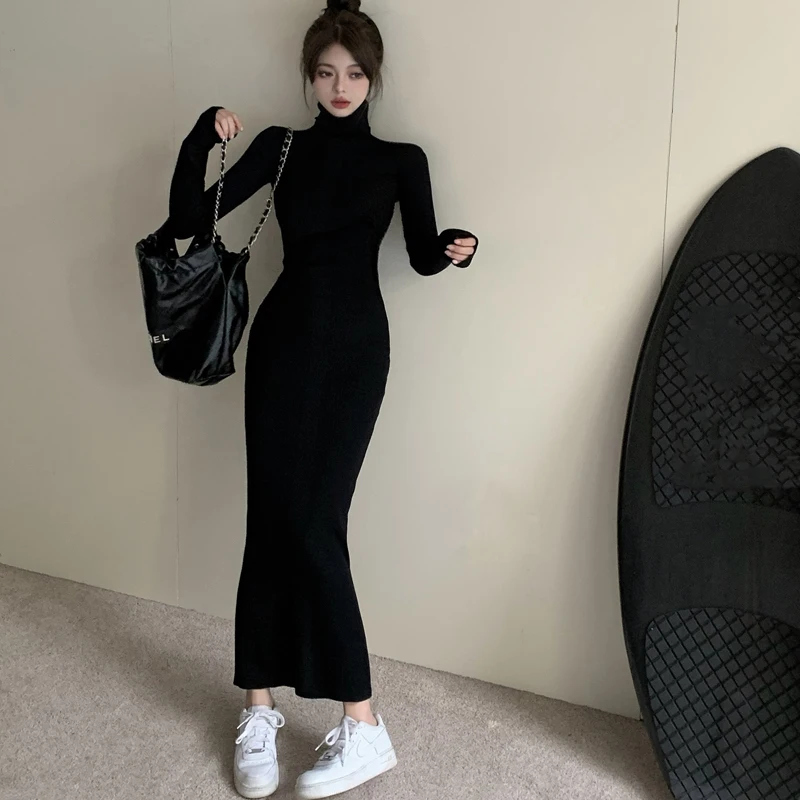 Top Trends: Autumn Winter Long Sleeve Knitted Dress Women Fashion New Sexy Slim Warm Turtlneck Black Long Sweater Dresses Shoppable Styles