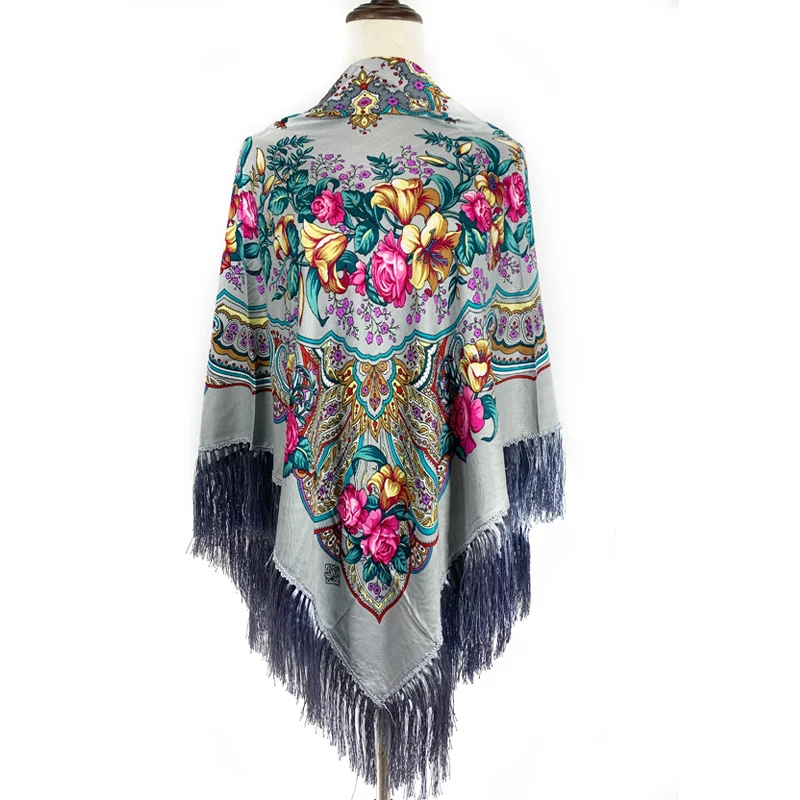 Top Trends: 140*140cm New Design Women Russian National Square Scarf Ukraine Fringed Handkerchief Ethnic Shawls Babushka Hijab Head Wraps Shoppable Styles