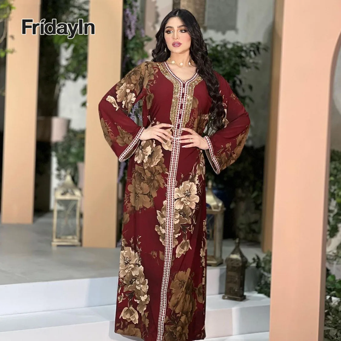 Top Trends: Fridayin Muslim Abaya Sweet Long Dresses For Women V-neck Rhinestone Decoration Regular Sleeve Kaftan Loose Straight Skirt Shoppable Styles