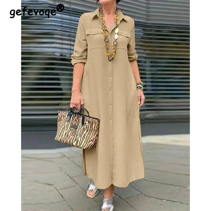 Top Trends: Autumn Female Clothing New Elegant Long Sleeve Button Turn-down Collar Solid Color Pockets Mid Waist Open Stitch Long Dresses Shoppable Styles