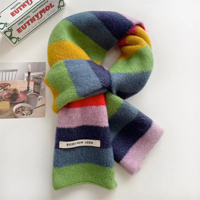 Top Trends: Rainbow Stripes Mohair Scarf Men And Women In Winter Colour Blocking Stripes Wool Short Scarf Students Warm Short Scarf Shoppable Styles