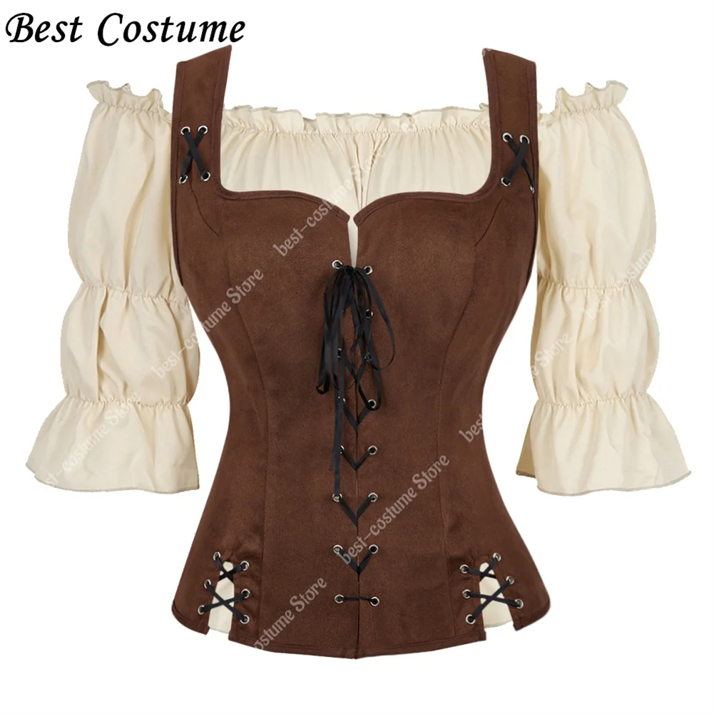 Top Trends: Pirate Costume Women Medieval Vest Cosplay Plus Size Medieval Blouse Tops 2 Pieces Sets Renaissance Vest Brown Black Blue Shoppable Styles