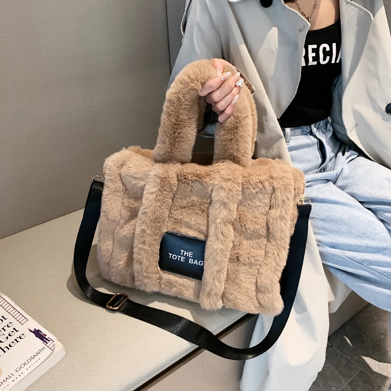 Top Trends: Designer Faux Fur Large Tote Bag Woman Luxury Soft Plush Women's Bags Fluffy Shopping Shoulder Messenger Bag Winter Warm Wallet Shoppable Styles