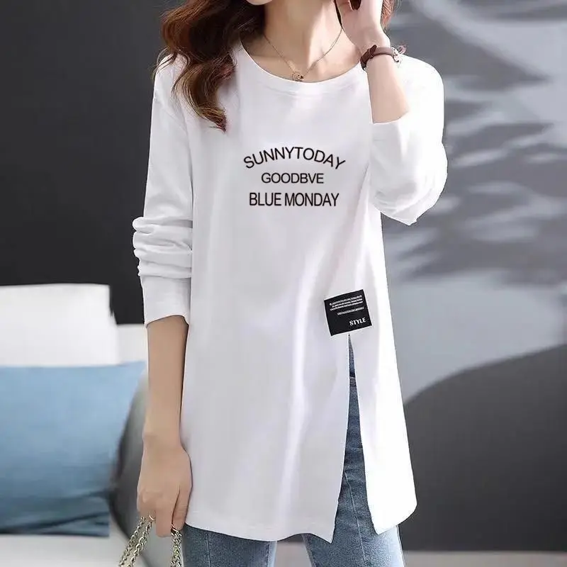 Top Trends: Classic Fashion Printing Letter Mid Length Version T-shirt Women Long Sleeve Loose Vent Design Lady O-collar Casual Slim Top Shoppable Styles