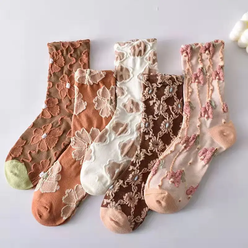 Top Trends: 1Pair Fashion Korea Harajuku Woman Floral Orange Socks Vintage Jacquard Ethnic Cotton Casual Cute Girls Dress Brown Sox Spring Shoppable Styles