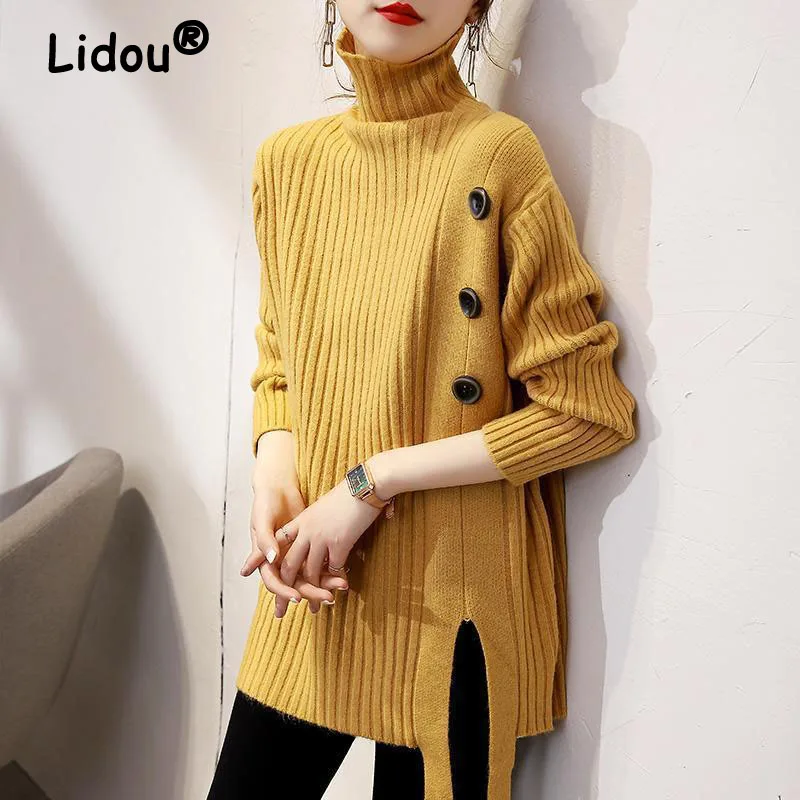 Top Trends: 2022 Autumn Winter Fashion New Turtleneck Long-sleeve Solid Button Side Split Sweater Women Loose Knit Pullover Blouse All-match Shoppable Styles