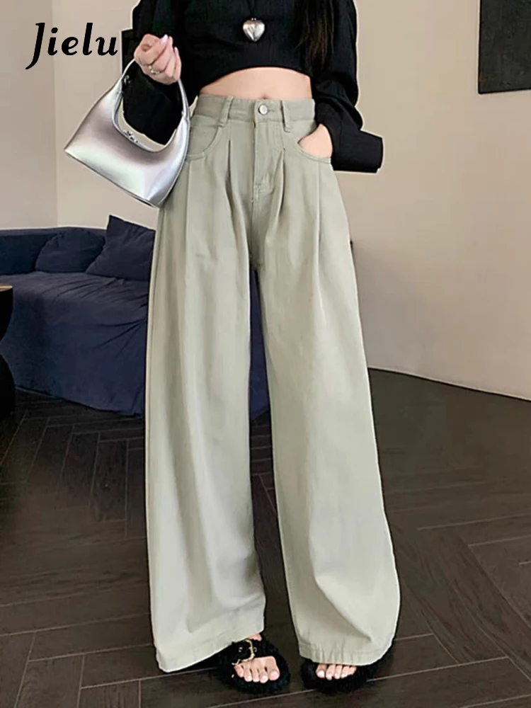 Top Trends: Jielur Vintage Green Autumn New Y2k Women's Jeans High Waist Slim Loose Full Length Straight Chic Fashion Female Wide Leg Pants Shoppable Styles