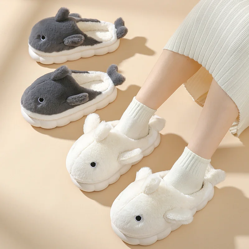 Top Trends: Cute Whale Cotton Home Slippers For Female 2023 Winter Couple Indoor Household Shark Thick Sole Men's Winter Cartoon Slippers Shoppable Styles - Image 3