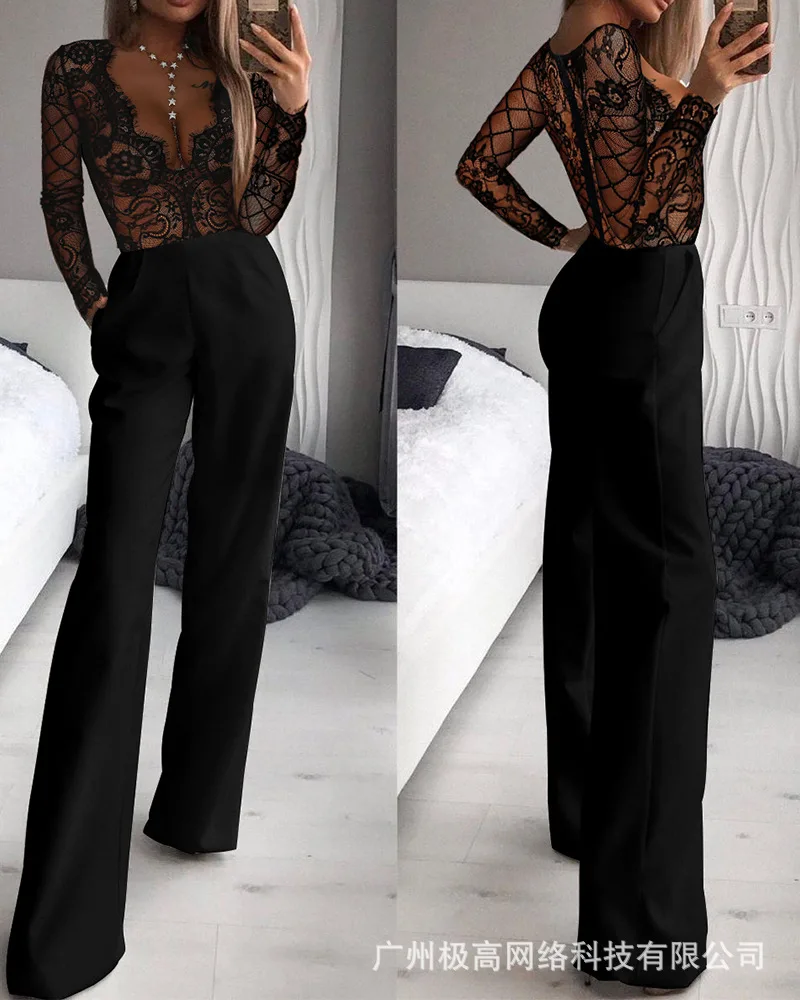 Top Trends: Black Elegant Lace Long Sleeve Women Wide Leg Jumpsuits 2022 Spring Summer New Office Lady High Waist Pocket Jumpsuit Shoppable Styles