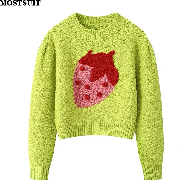 Top Trends: Strawberry Jacquard Knit Sweater Women Knitwear Tops Long Sleeve O-neck Pullover 2023 Winter Stylish Fashion Chic Ladies Jumpers Shoppable Styles