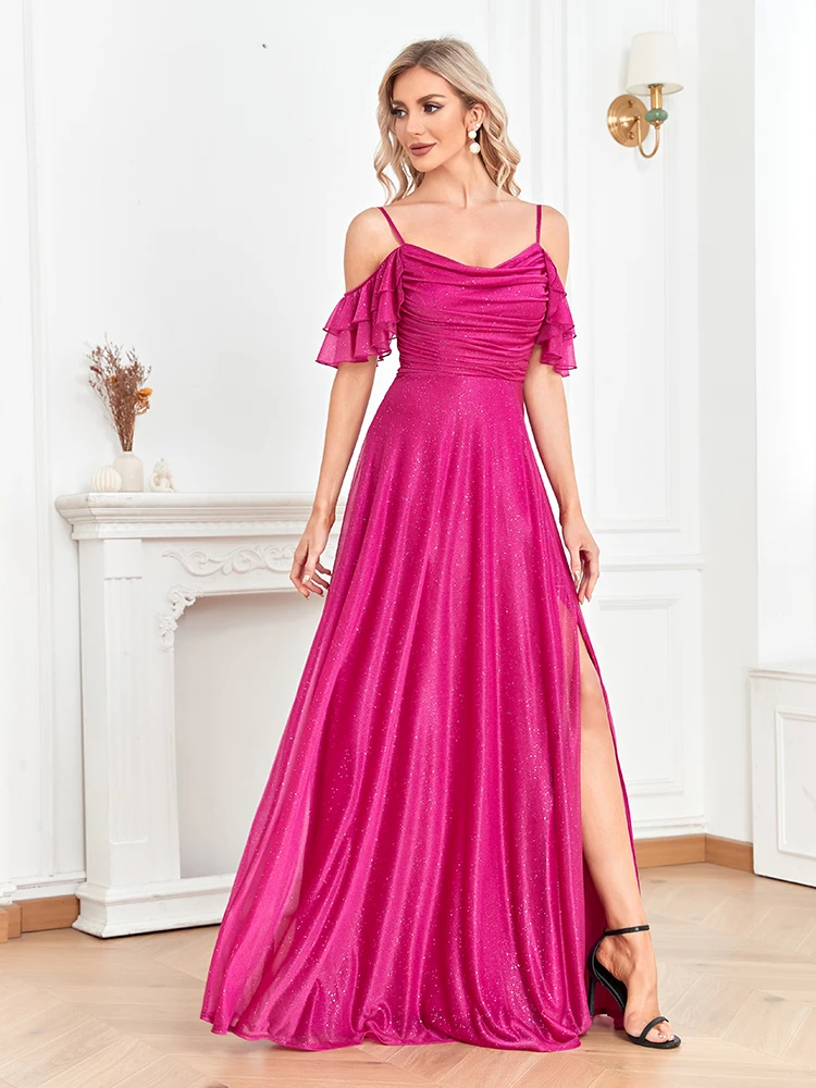 Top Trends: Lucyinlove Elegant Tulle Pink Formal Evening Dress 2024 Shining A-line Wedding Party Maxi Gown Women Slit Backless Dresses Prom Shoppable Styles