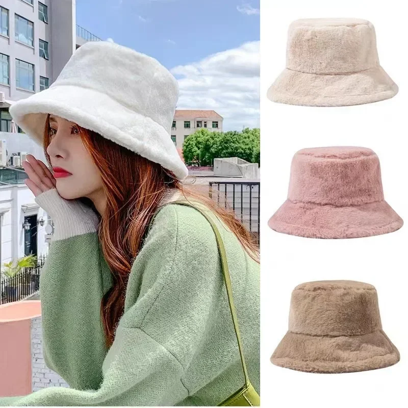 Top Trends: Bucket Hat Custom Korean Lamb Faux Fur Bucket Hat Lady Winter Warm Soft Panama Hat Outdoor Fisherman Cap For Women Solid Color Shoppable Styles