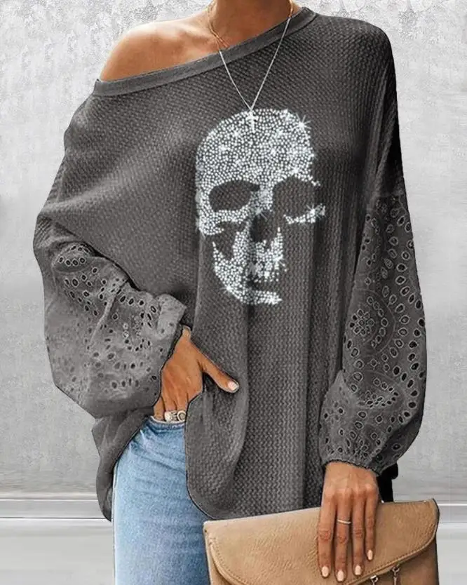 Top Trends: Glitter Skeleton Lantern Sleeve Top Fashion Woman Blouses 2022 Shirts Female Clothing Autumn Spring Shoppable Styles