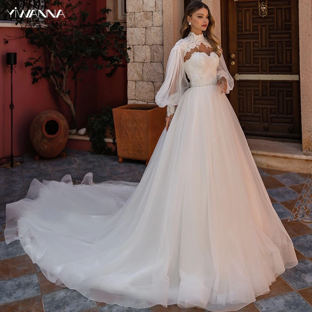 Top Trends: Modest High Collar Long Sleeve Wedding Dress Classic Appliques Dress For Bride Graceful A-line Long Bridal Gown Robe De Mariée Shoppable Styles