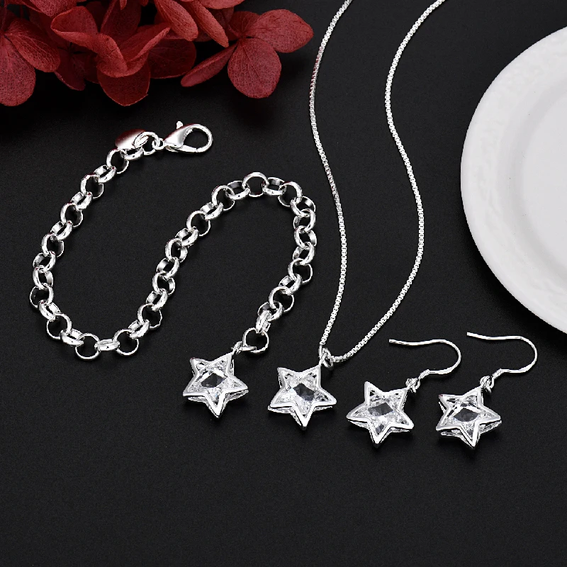 Top Trends: Popular Brands 925 Sterling Silver Pretty Crystal Star Necklace Earring Bracelet Jewelry Set Women Fashion Wedding Accessories Shoppable Styles - Image 2