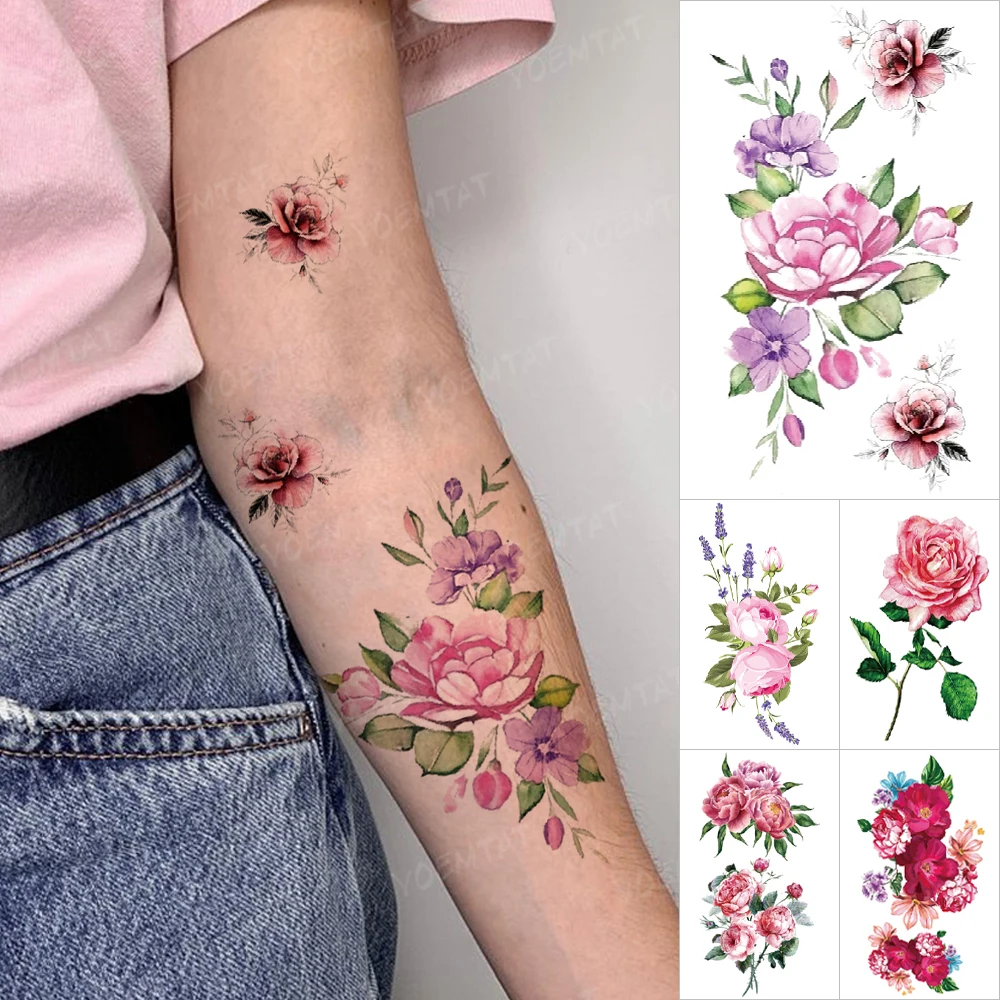 Top Trends: Realistic Peony Rose Flower Transfer Tattoo Watercolor Lavender Temporary Tatto Sticker Body Art Flash Tatoo Wrist Arm Men Women Shoppable Styles