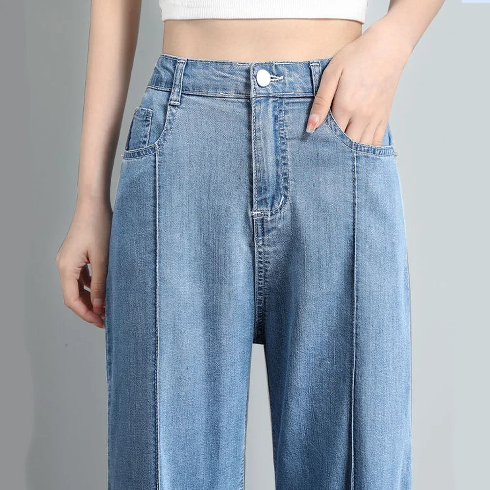 Top Trends: Korean Soft Jeans Women Summer Ultra-thin High-waisted Straight Drape Ice Silk Denim Pants Youth Simple Casual Wide-leg Trousers Shoppable Styles