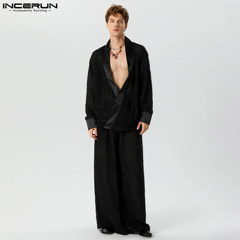 Top Trends: INCERUN 2023 Sexy Fashion Men's Sets Lace Perspective Loose Sleeve Cardigan Wide Leg Pants Casual Hot Sale Two Piece Sets S-5XL Shoppable Styles