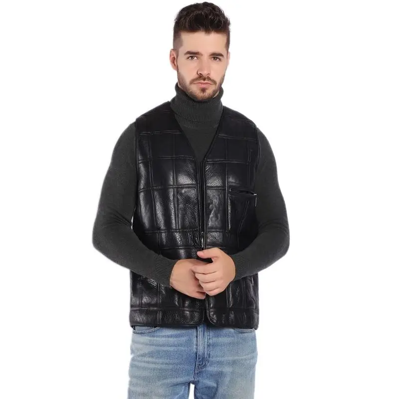 Top Trends: Leather Biker Vest Men's Suit Leather Waistcoat Winter Sheepskin Vests Genuine Leather Patchwork Tops Plus Size Men Clothing Shoppable Styles - Image 6