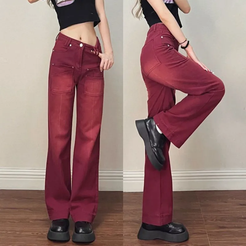 Top Trends: 2022 Retro Red Jeans Woman High Waist Y2k Trend Trousers Streetwear Straight Baggy Pants Korean Fashion Cargo Pants Shoppable Styles